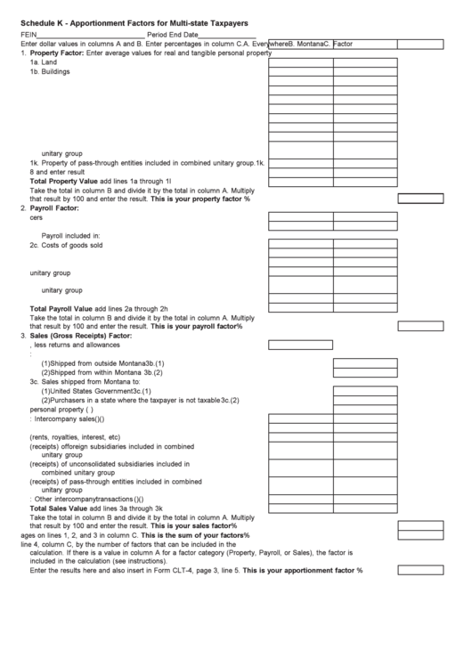 Fillable Schedule K - Apportionment Factors For Multi-State Taxpayers Form Printable pdf