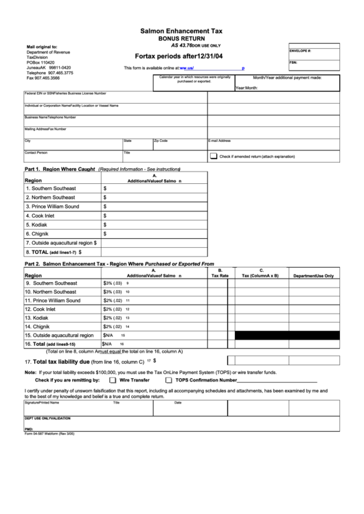 Form 04-587 - Salmon Enhancement Tax Bonus Return Printable pdf