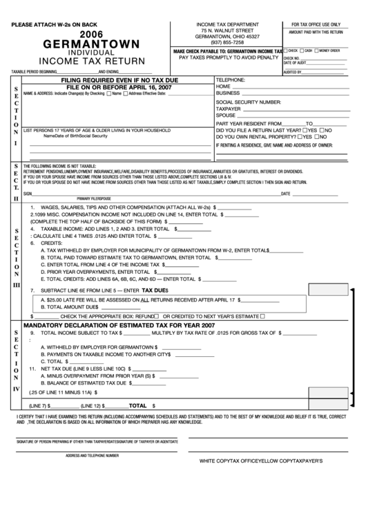 Germantown Individual Income Tax Return - Ohio, Income Tax Department - 2006 Printable pdf