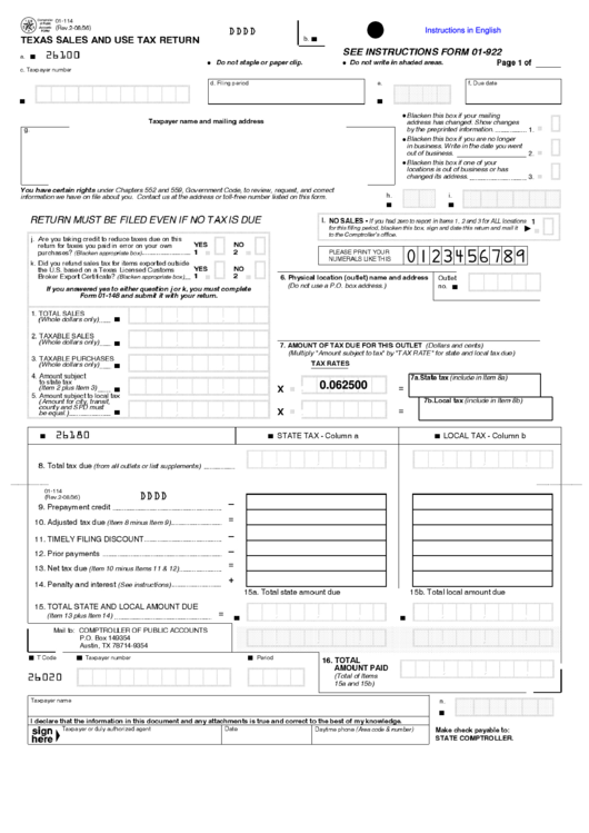 Form 01-114 - Texas Sales And Use Tax Return Printable pdf