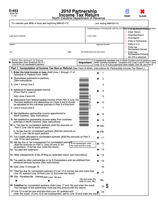 Fillable Form D-403 - Partnership Income Tax Return - 2010 Printable pdf