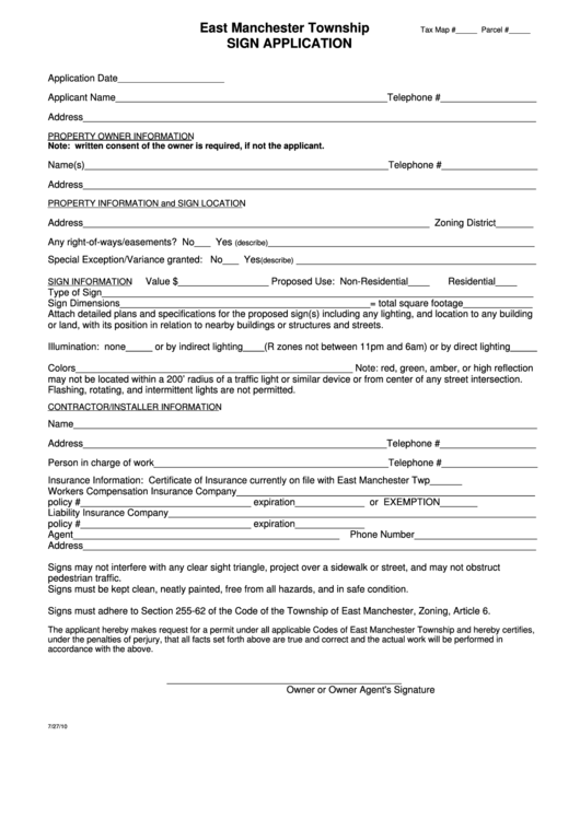 Sign Permit Application Form - East Manchester Township Printable pdf