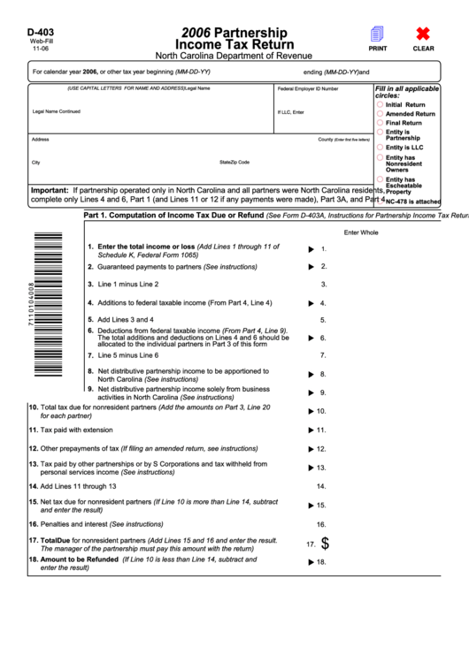 Fillable Form D-403 - Partnership Income Tax Return - 2006, Form Nc K-1 - Parther