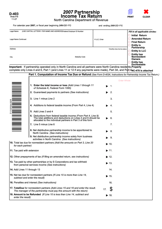 Fillable Form D-403 - Partnership Income Tax Return - 2007, Form Nc K-1 - Parther
