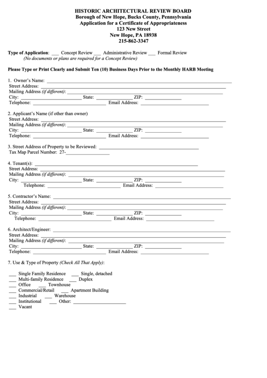 Application For A Certificate Of Appropriateness Form - New Hope, Bucks County, Pennsylvania Printable pdf