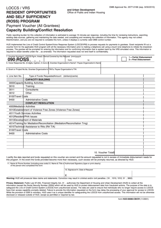 Fillable Form Hud-50080-Cb/cr - Resident Opportunities And Self Sufficiency (Ross) Program 2010 Printable pdf