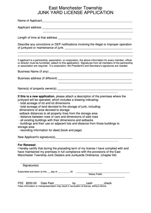 Junk Yard License Application Form - East Manchester Township Printable pdf