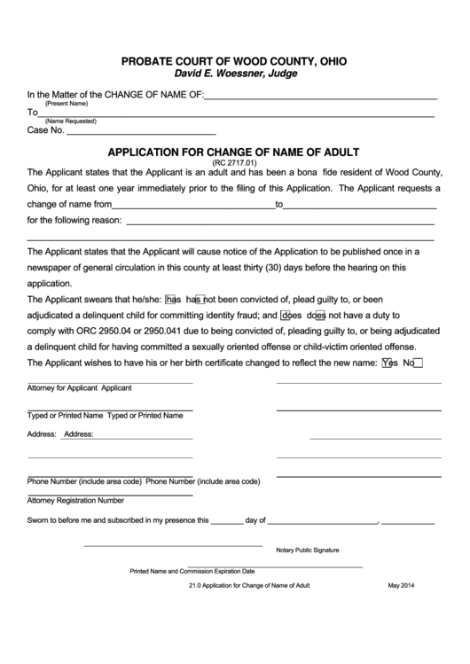 Fillable Form 21.0 - Application For Change Of Name Of Adult Printable pdf