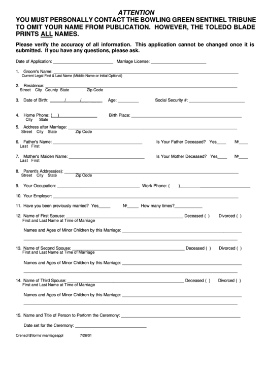 Application For Marriage Template - Groom Printable pdf