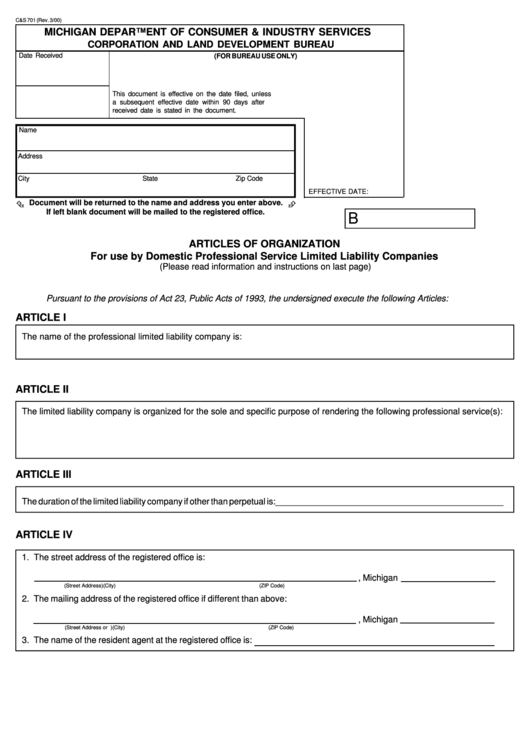 Fillable Form C&s 701 - Articles Of Organization For Use By Domestic Professional Service Limited Liability Companies Printable pdf
