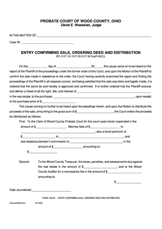 Fillable Form 100.24 - Entry Confirming Sale, Ordering Deed And Distribution Printable pdf
