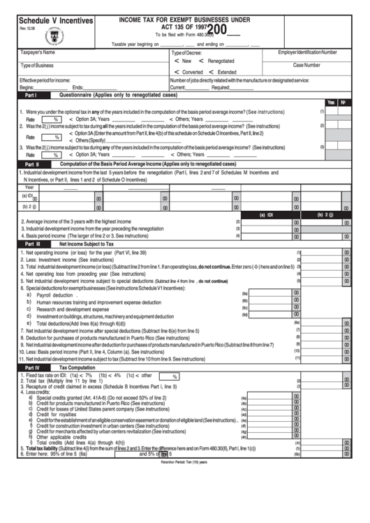 Schedule V Incentives - Income Tax Form For Exempt Businesses Under Act 135 Of 1997 - Puerto Rico Printable pdf