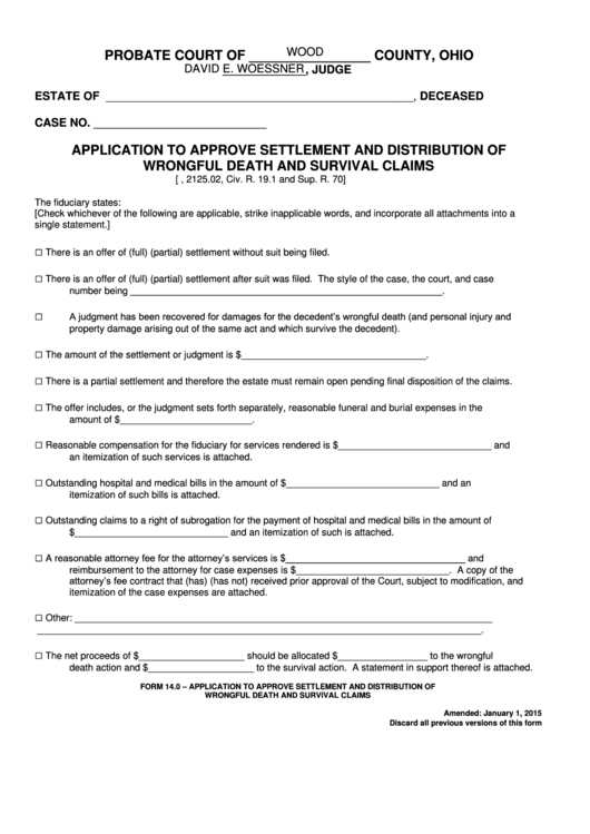Fillable Form 14.0 - Application To Approve Settlement And Distribution Of Wrongful Death And Survival Claims Printable pdf