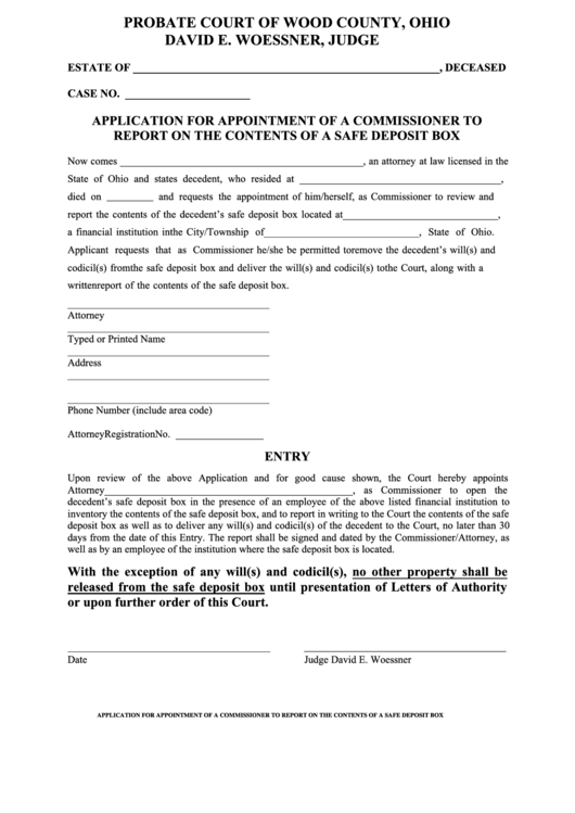 Fillable Application For Appointment Of A Commissioner To Report On The Contents Of A Safe Deposit Box Form Printable pdf
