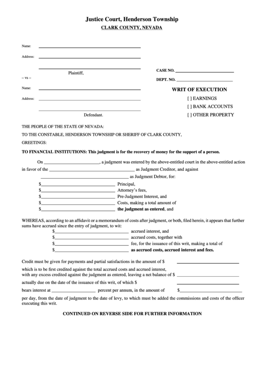 Fillable Writ Of Execution Form - Clark County, Nevada Printable pdf