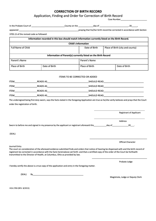 Fillable Correction Of Birth Record Form Printable pdf