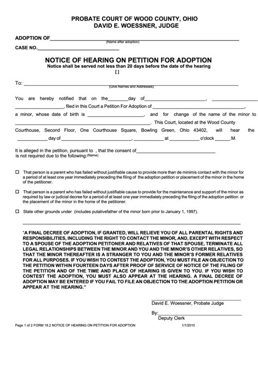 Fillable Form 18.2 - Notice Of Hearing On Petition For Adoption Printable pdf