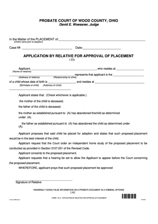 Fillable Form 19.10 - Application By Relative For Approval Of Placement Printable pdf