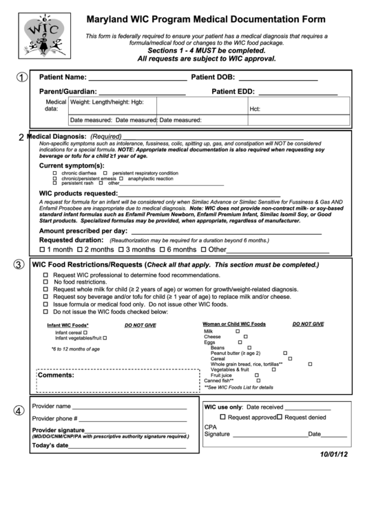 Fillable Maryland Wic Program Medical Documentation Form Printable pdf