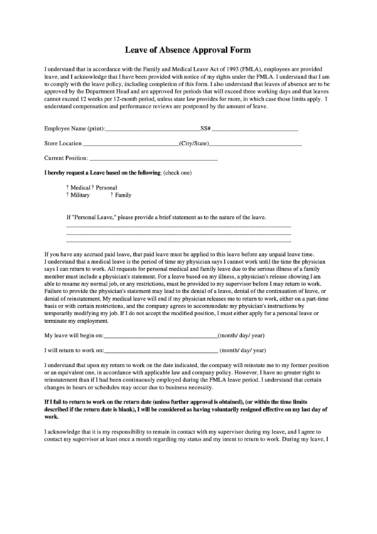 Leave Of Absence Approval Form Printable pdf