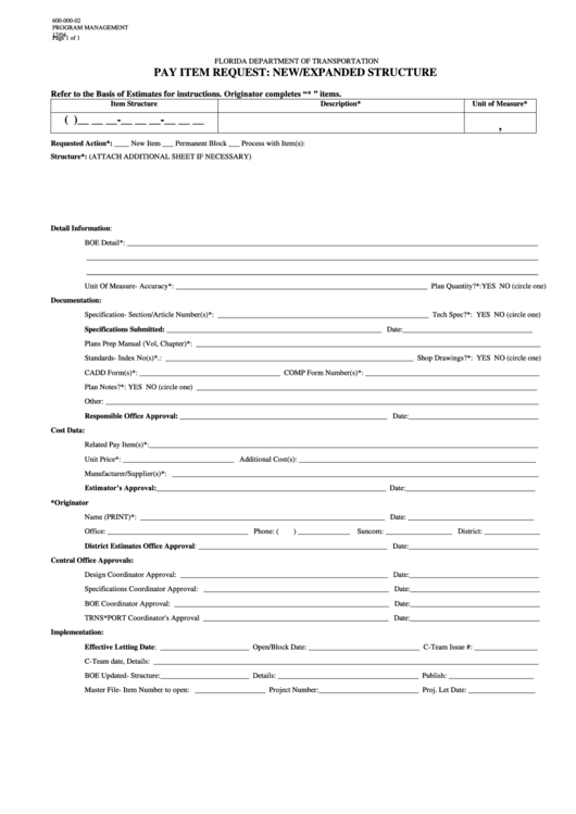 Form 600-000-02 - Pay Item Request: New/expanded Structure - Fdot Printable pdf