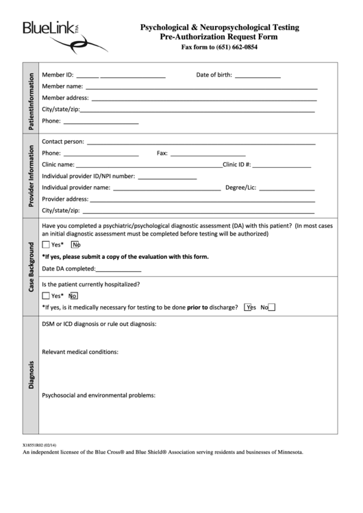 Fillable Psychological & Neuropsychological Testing Pre-Authorization Request Form - Minnesota - Bluelink Printable pdf