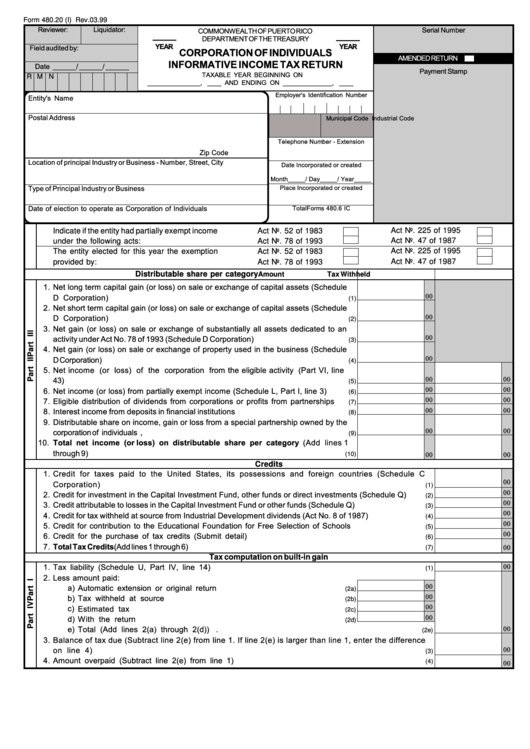 Form 480.20(I) - Corporation Of Individuals Informative Income Tax Return Printable pdf