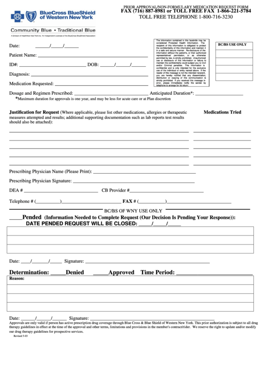 Prior Approval/non-Formulary Medication Request Form - Blue Cross And Blue Shield Of Western New York - 2003 Printable pdf