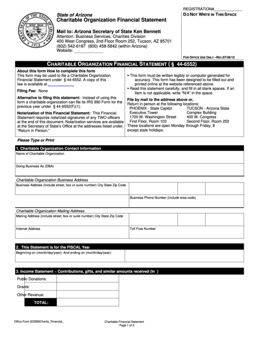 Fillable Charitable Organization Financial Statement Form - Arizona Secretary Of State Printable pdf