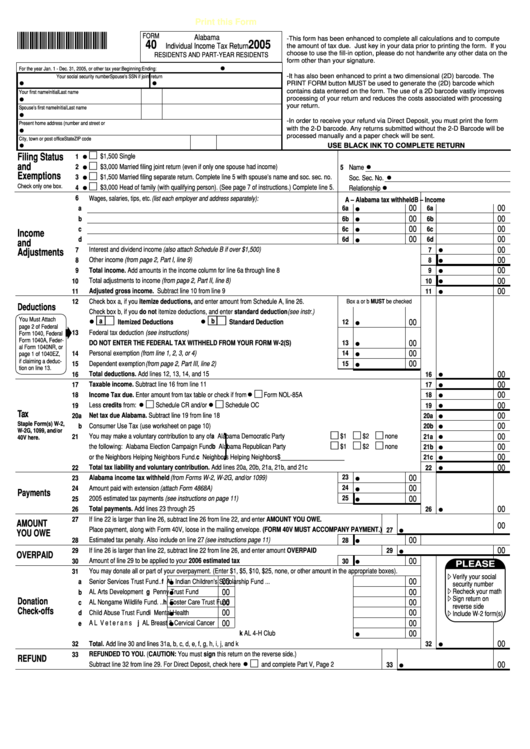 Fillable Form 40 - 2005 Individual Income Tax Return Printable pdf