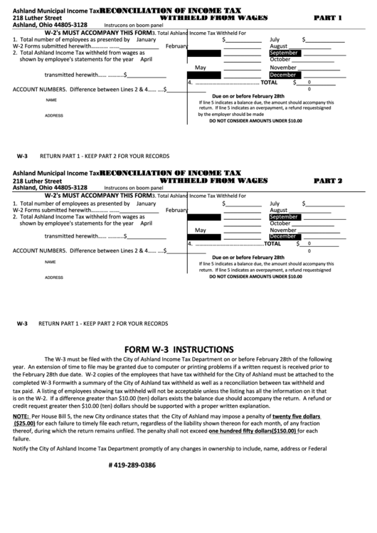 Form W-3 - Reconciliation Of Income Tax/instructions Printable pdf