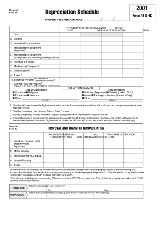 Fillable Maryland Form 4b & 4c - Depreciation Schedule - 2001 Printable pdf