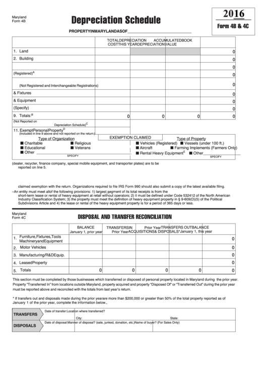 Fillable Form 4b & 4c - Depreciation Schedule - 2016 Printable pdf