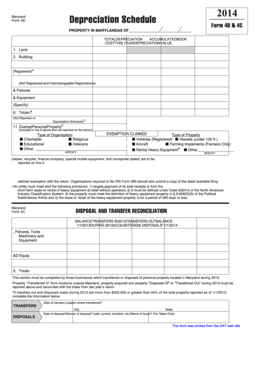 Fillable Maryland Form 4b & 4c - Depreciation Schedule - 2014 Printable pdf