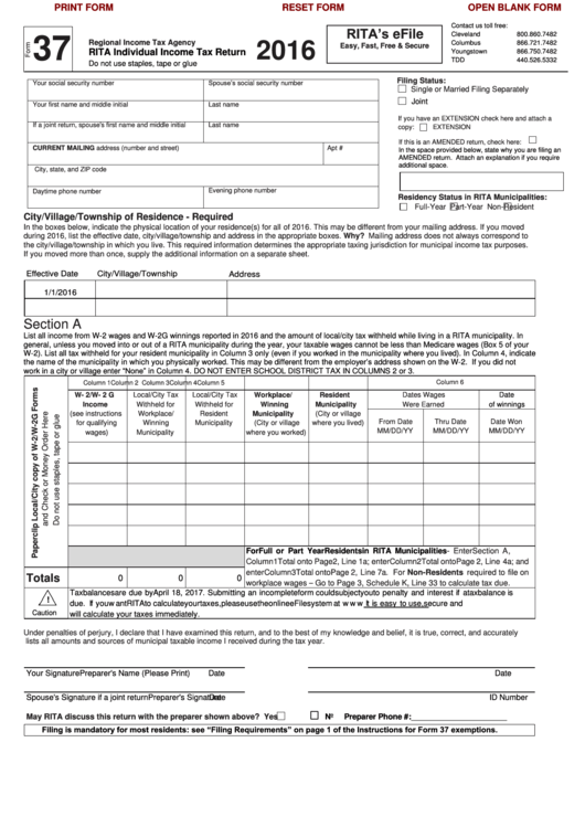 Fillable Form 37 - Rita Individual Income Tax Return Printable pdf
