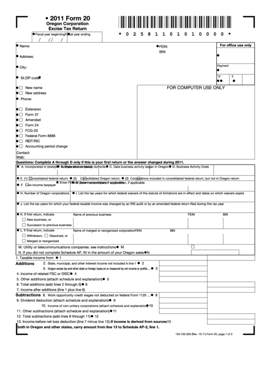 Fillable Form 20 - Oregon Corporation Excise Tax Return - 2011 Printable pdf