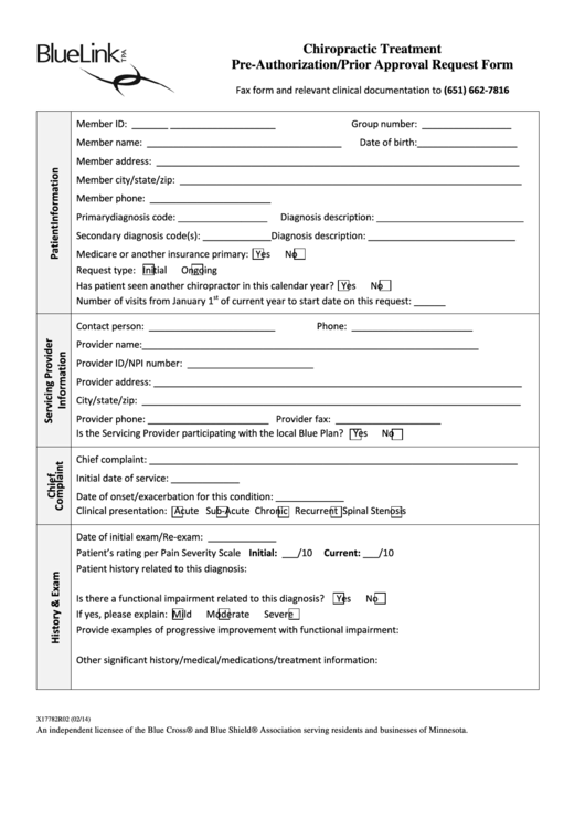Fillable Chiropractic Treatment Pre-Authorization/prior Approval Request Form - Minnesota Bluelink Tpa Printable pdf