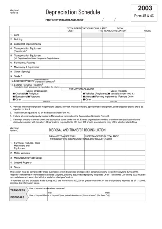 Fillable Maryland Form 4b & 4c - Depreciation Schedule - 2003 Printable pdf