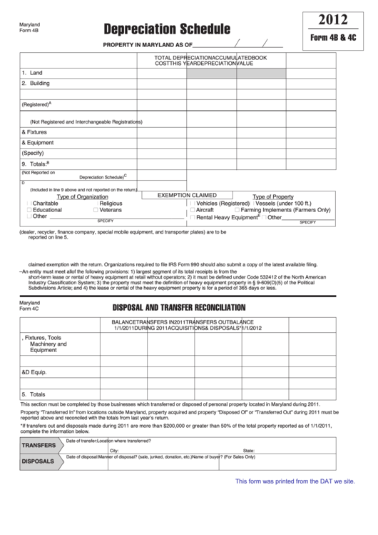 Fillable Maryland Form 4b & 4c - Depreciation Schedule - 2012 Printable pdf
