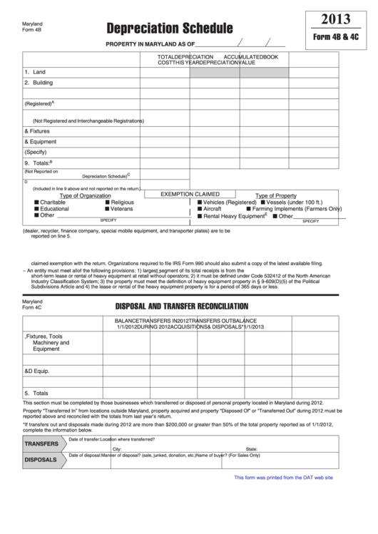 Fillable Maryland Form 4b & 4c - Depreciation Schedule - 2013 Printable pdf