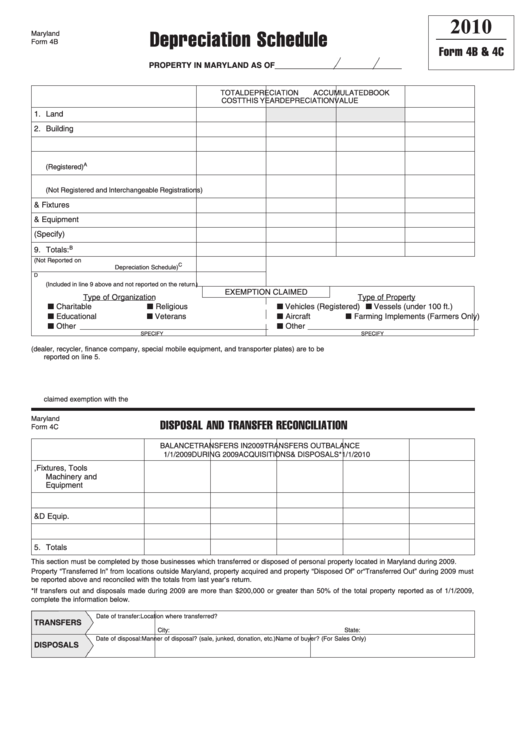 Fillable Maryland Form 4b & 4c - Depreciation Schedule - 2010 Printable pdf