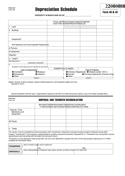 Fillable Maryland Form 4b & 4c - Depreciation Schedule - 2008 Printable pdf