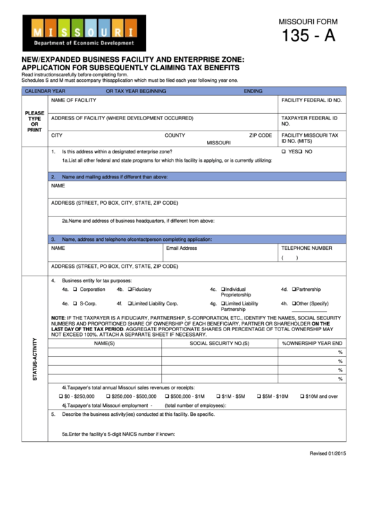 Fillable Form 135 - A - Application For Subsequently Claiming Tax Benefits Printable pdf