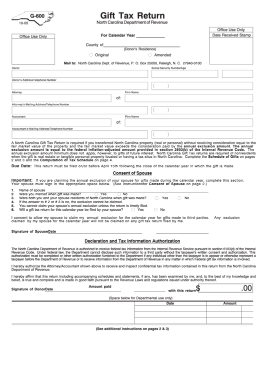 Form G-600 - Gift Tax Return - North Carolina Department Of Revenue Printable pdf