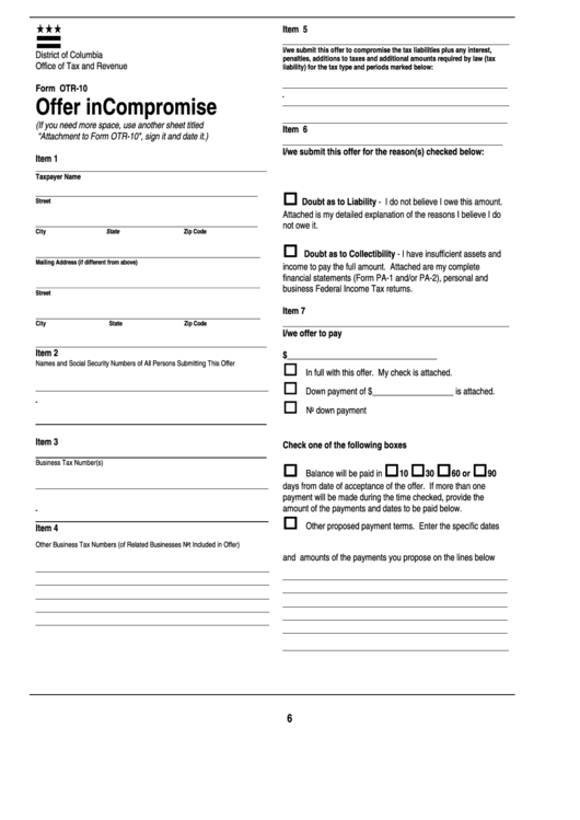 Form Otr-10 Offer In Compromise Printable pdf
