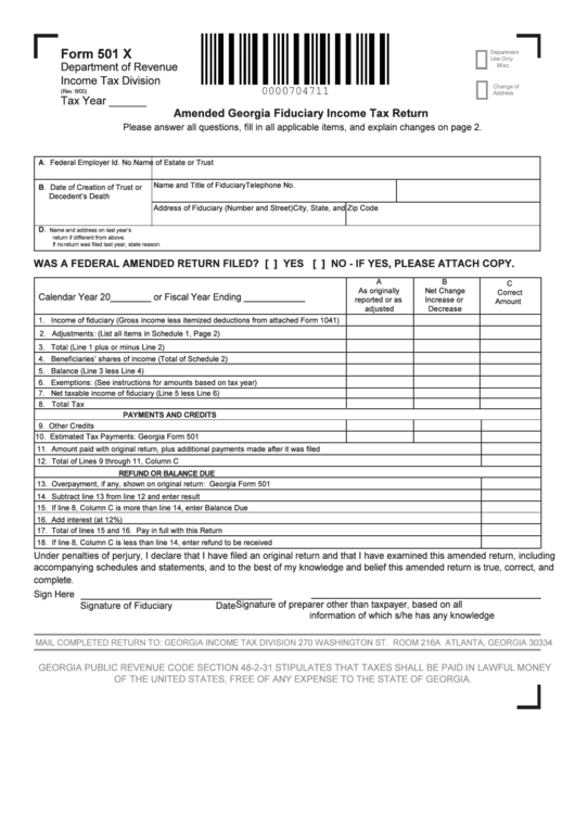 Form 501 X Amended Georgia Fiduciary Income Tax Return Printable Pdf