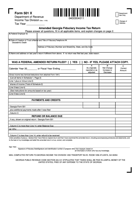 Form 501 X Amended Georgia Fiduciary Income Tax Return Printable pdf