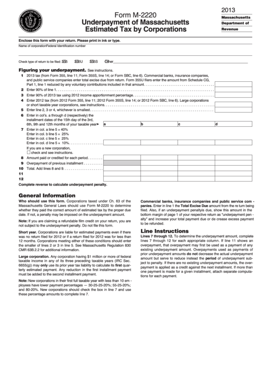 Form M-2220 - Underpayment Of Massachusetts Estimated Tax By Corporations - 2013 Printable pdf