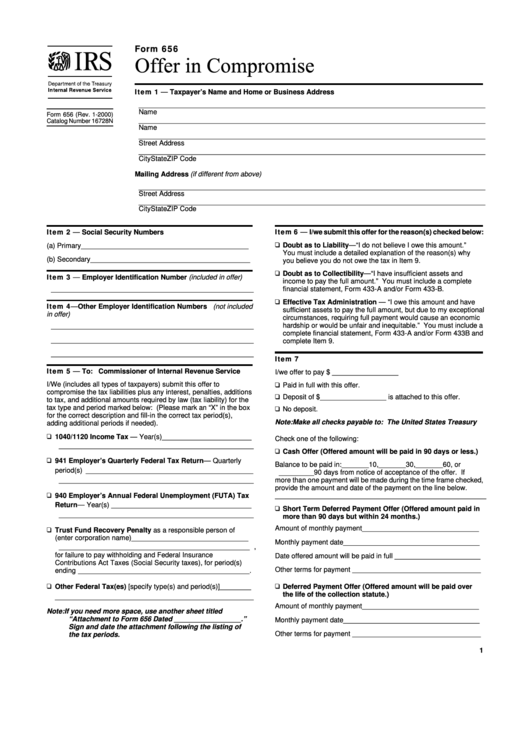 Form 656 - Offer In Compromise Printable pdf