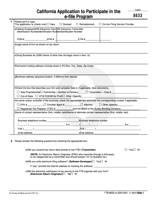 Form 8633 California Application To Participate In The E-File Program Printable pdf